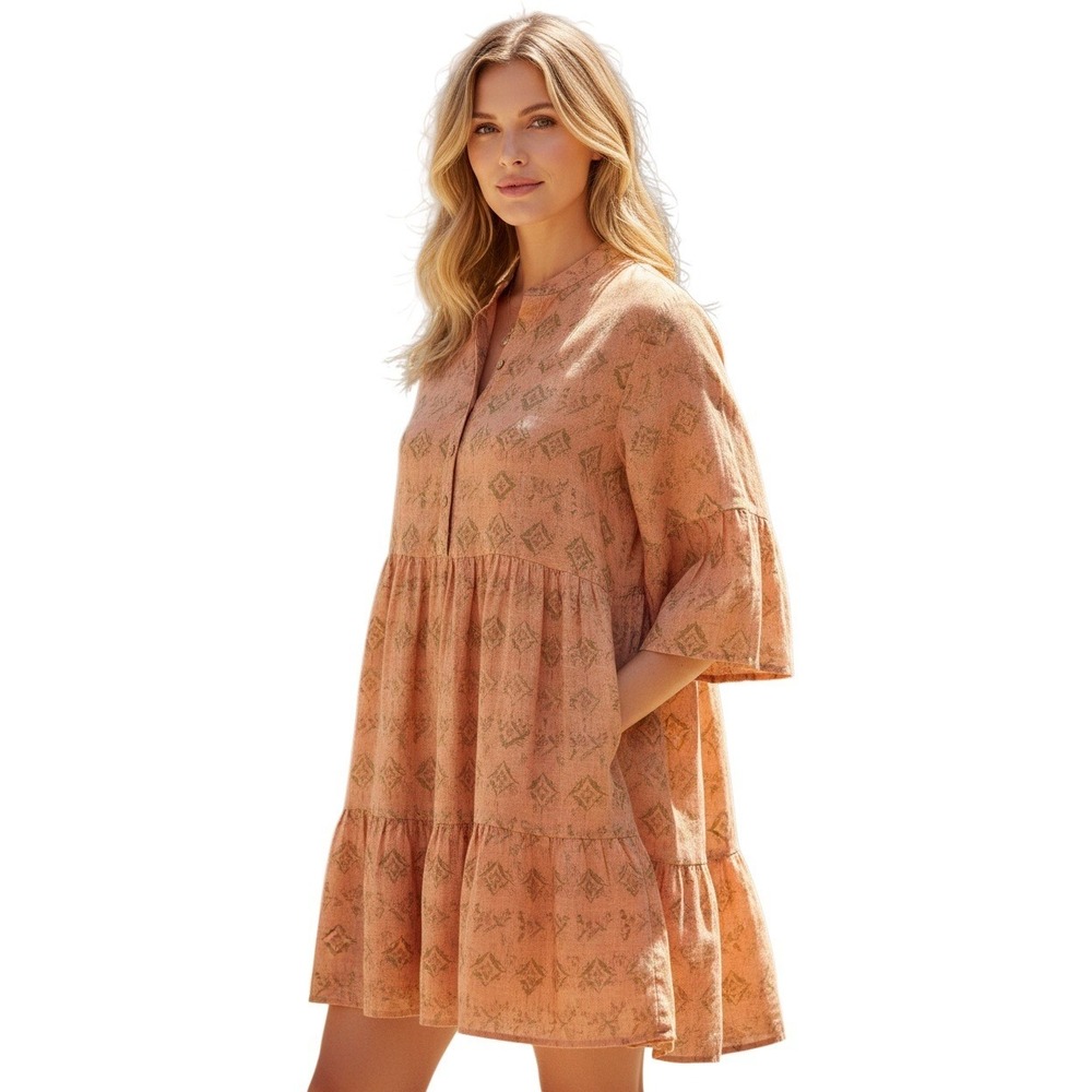 RHEA NWT 100% Cotton‎ Boho Flowy Tiered Mini Dress M L XL Tan Beige Coastal Luxe